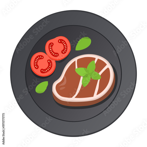 Fresh raw steak portion with tomato and herbs on a dark plate ready for professional kitchen cooking process - Vector Illustration