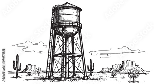 Historic wooden water tower in desert landscape. Vintage hand drawn engraving for railroad and frontier town art.