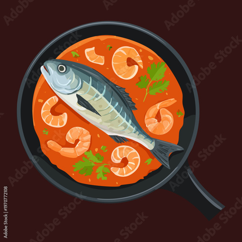 Seafood soup with whole fish and shrimp in a dark pot for traditional maritime cuisine and dinner menu - Vector Illustration