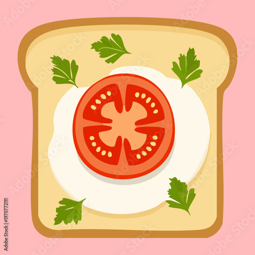 Healthy open sandwich with tomato and herbs for light breakfast and vegetarian snack menu for local deli shop - Vector Illustration