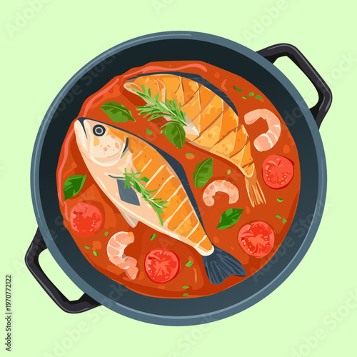 Traditional fish and shrimp soup in a green pot for healthy seafood meal and maritime restaurant menu design - Vector Illustration