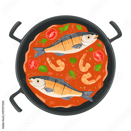 Rich seafood stew with fish and prawns in a black pot for hearty dinner and gourmet restaurant menu - Vector Illustration