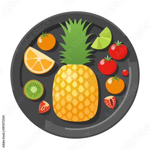 Healthy pineapple fruit bowl with berries and kiwi for nutritious snack and refreshing summer dessert and cafe menu - Vector Illustration