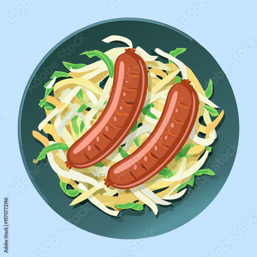 Spaghetti with grilled sausages and fresh herbs for delicious Italian dinner and hearty meal for restaurant menu design - Vector Illustration