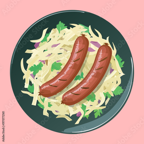 Italian spaghetti served with two sausages and herbs for hearty meal and restaurant menu illustration and graphic design - Vector Illustration