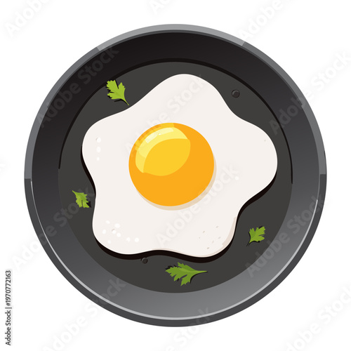 Single fried egg sunny side up in a black frying pan for simple healthy breakfast and kitchen cooking - Vector Illustration