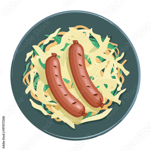 Healthy pasta dish with grilled sausages and green garnish for nutritious lunch and dinner in a modern cafe - Vector Illustration