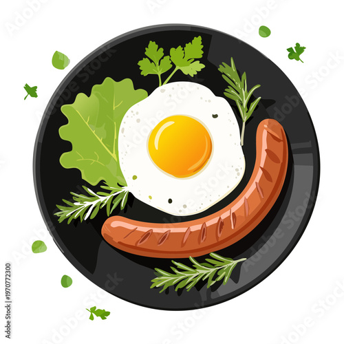 Hearty breakfast with fried egg and long sausage on a dark plate for morning energy and diner menu - Vector Illustration