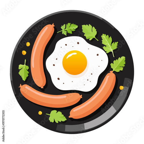 Traditional breakfast plate with fried egg and sausages for healthy morning start and protein rich diet menu design - Vector Illustration