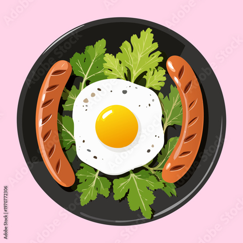 Fried egg with two grilled sausages and herbs on a dark plate for delicious breakfast and morning meal - Vector Illustration