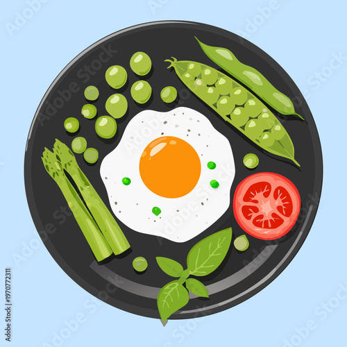 Healthy breakfast with fried egg and green beans on a dark plate for nutritious morning meal and diet - Vector Illustration