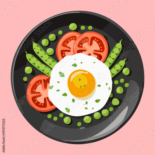 Nutritious breakfast plate with fried egg and fresh tomatoes for healthy morning meal and cafe brunch menu design - Vector Illustration