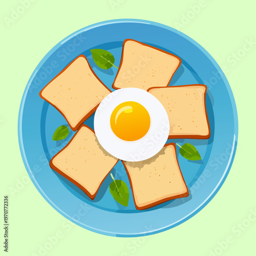 Healthy breakfast plate with fried egg and bread slices for nutritious morning meal and cafe brunch menu design - Vector Illustration
