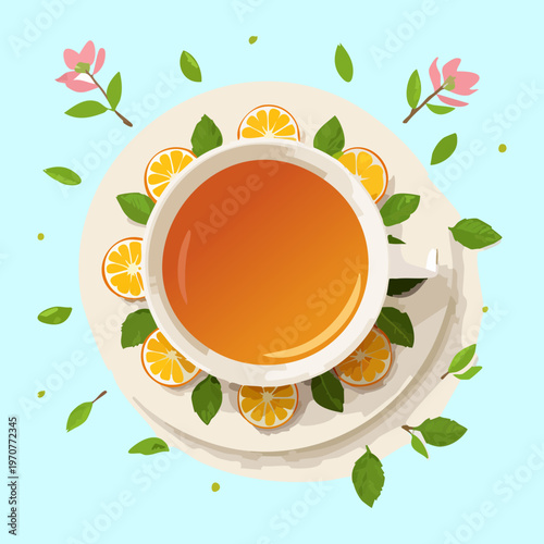 Cup of herbal tea with lemon slices and flower garnish for relaxing afternoon and healthy wellness menu design - Vector Illustration