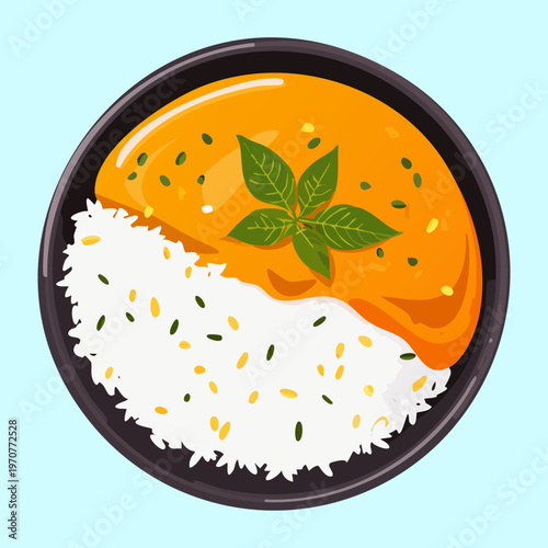 Healthy curry dish with rice and fresh herbs for nutritious meal and Asian cuisine restaurant menu design elements - Vector Illustration