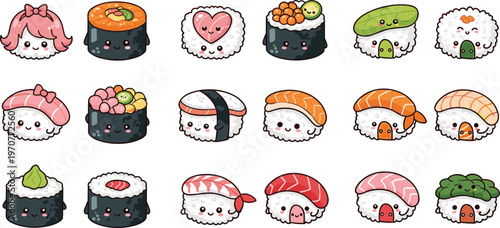 Cute Kawaii Sushi Cartoon Vector Set with Adorable Japanese Food Characters, Rolls, Nigiri, and Funny Faces for Kids Illustration and Clipart Design