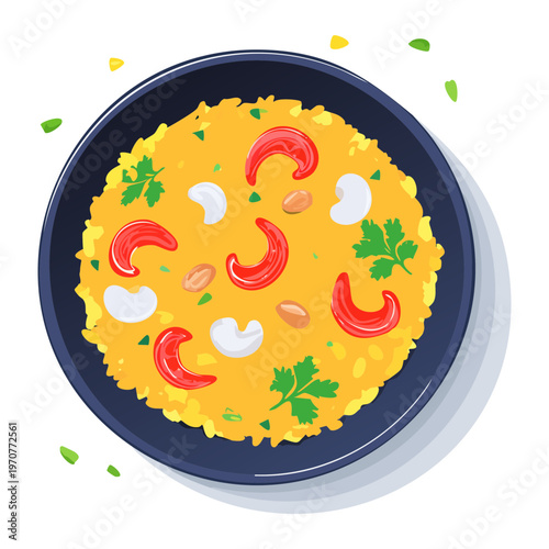Spanish paella with shrimp and vegetables for delicious Mediterranean dinner and traditional seafood restaurant menu illustration and design - Vector Illustration