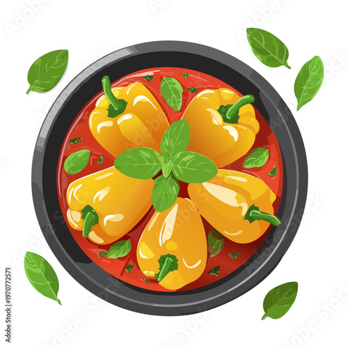 Healthy meal of stuffed peppers with fresh herbs for nutritious lunch and organic food restaurant menu design elements - Vector Illustration