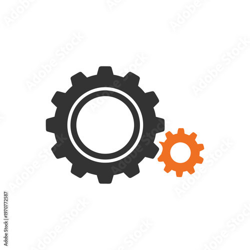Two gears meshing together mechanical engineering concept with large and small cogs in dark grey and orange flat vector design.