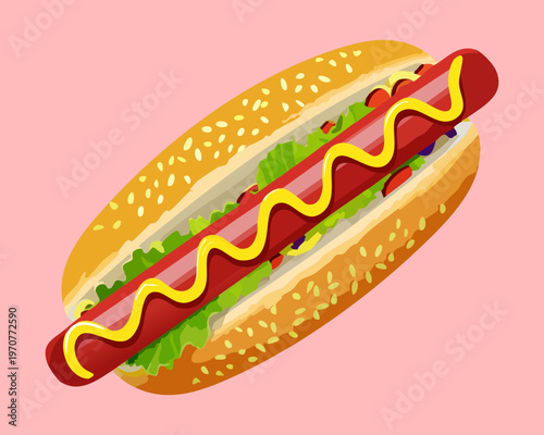 Delicious grilled hot dog with condiments for fast food advertisement and quick lunch menu illustration and graphic design - Vector Illustration