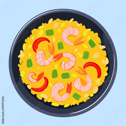 Healthy Mediterranean paella with shrimp and vegetables for nutritious meal and seafood restaurant menu design elements - Vector Illustration