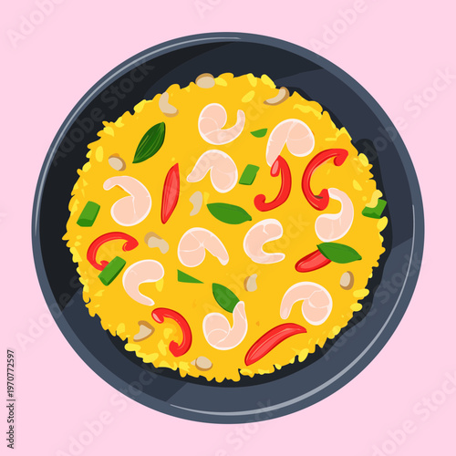 Traditional seafood paella with prawns and herbs for healthy lunch and Spanish restaurant menu illustration and graphic design - Vector Illustration