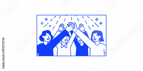 Four people celebrating with a high five illustrated in a blue style