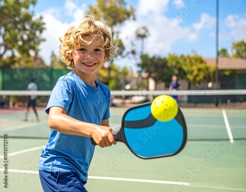 A young boy playing pickleball on a sunny outdoor court