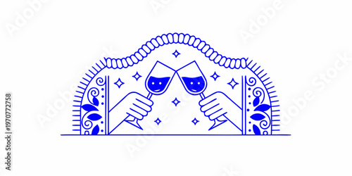 Two theatrical masks with champagne glasses in a decorative frame