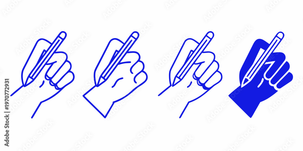 Obraz premium Four blue line drawings depicting hands holding pencils or pens
