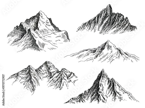 Mountain Set with Isolated Peaks Vector Collection Featuring Alpine Landscapes, Snow Capped Summits, Nature Silhouettes, Outdoor Adventure Elements and Minimal Graphic Design