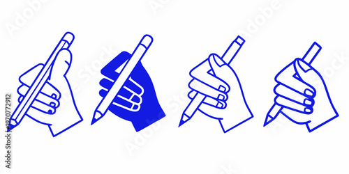 Four hands holding pencils in a simple blue line art style
