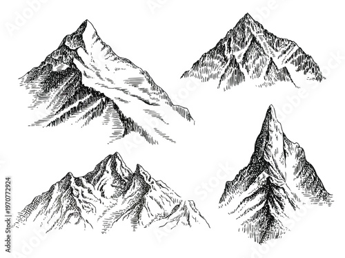 Mountain Set with Isolated Peaks Vector Collection Featuring Alpine Landscapes, Snow Capped Summits, Nature Silhouettes, Outdoor Adventure Elements and Minimal Graphic Design