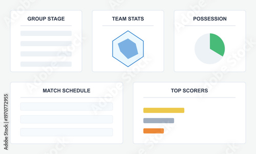 Hand-drawn minimalist sports infographic layout featuring team statistics match schedule group stage possession chart top scorers authentic illustration
