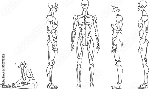 Futuristic robot character sheet with multiple views, mechanical android body line art vector, sci-fi cyborg orthographic drawing for game development