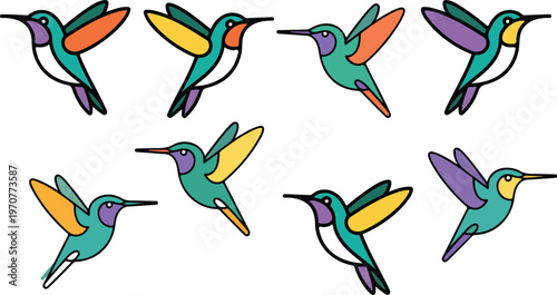 Minimalist repeating pattern of flying hummingbirds with bold colors and smooth curves decorative wildlife vector background design