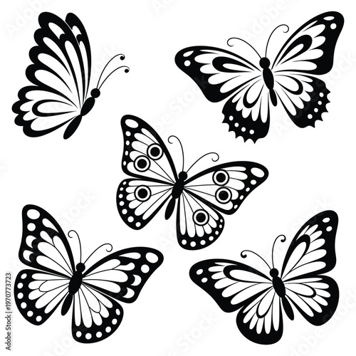 Black and White Butterfly Tattoo Set with Detailed Ink Illustrations, Elegant Wing Designs, Minimal Line Art Insects Collection for Body Art, Vintage Style and Decorative Vector Use