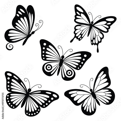 Black and White Butterfly Tattoo Set with Detailed Ink Illustrations, Elegant Wing Designs, Minimal Line Art Insects Collection for Body Art, Vintage Style and Decorative Vector Use