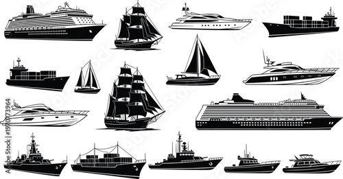 Cruise ship silhouette, cargo ship vector, sailboat yacht illustration, naval vessel icon, maritime transport graphic, fleet of boats, flat vector illustration