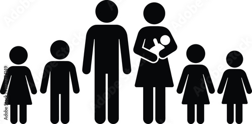 family silhouette icon set, parents and children figures, motherhood parenting symbol, human pictogram collection, social group illustration, family unity concept