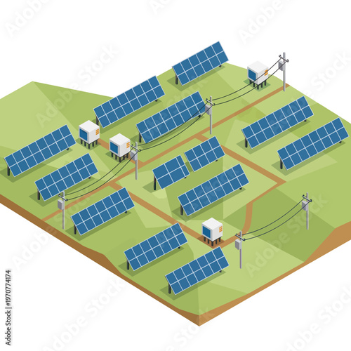 Isometric Solar Panel Farm Generating Renewable Energy.