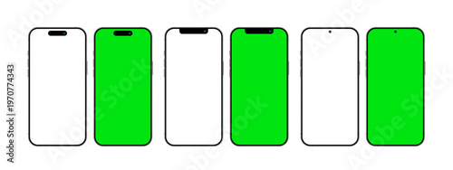 Realistic green screen mobile phone devices with different front camera layouts. Mobile phone blank display mockup template set vector illustration