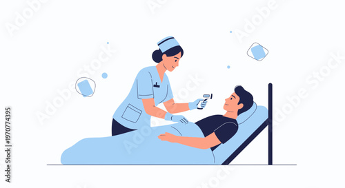 Nurse checking patient's temperature with infrared thermometer in hospital bed