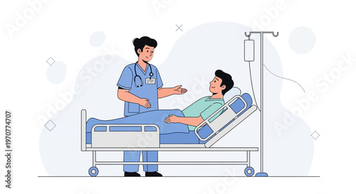 Nurse caring for patient in hospital bed with IV drip, medical illustration