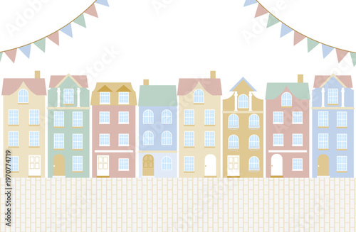 ポストカードなどのデザインにも使えるパステルカラーのヨーロッパ風タウンハウスが並ぶフラットイラスト｜おしゃれな住宅街の外観
