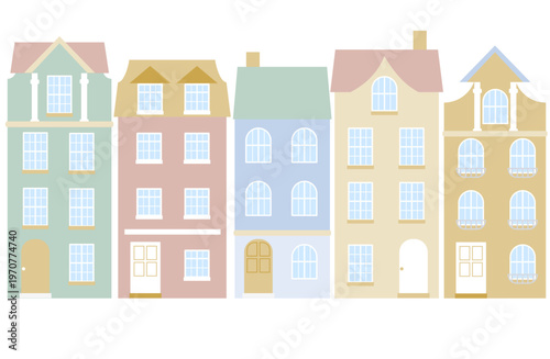 パステルカラーのヨーロッパ風タウンハウスが並ぶフラットイラスト｜おしゃれな住宅街の外観