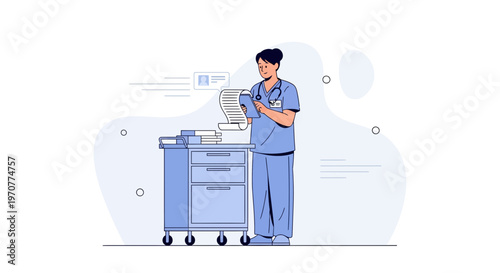 Nurse checking patient list on medical cart, healthcare illustration