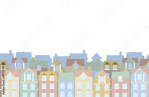 パステルカラーのヨーロッパ風の建物がたくさん並んだ街並みイラスト｜フレームイラスト