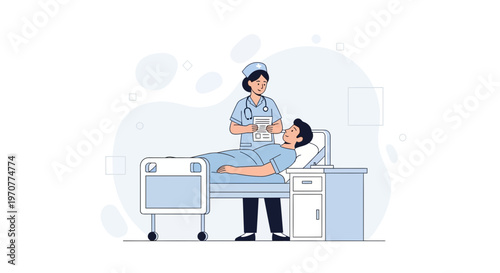 Nurse caring for patient in hospital bed, medical checkup, healthcare concept illustration