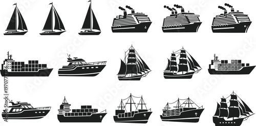 Flat vector illustration of ships and boats set, cargo cruise sailing vessels silhouettes, maritime transport collection nautical sea travel icons